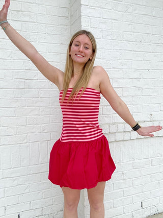 Strapless Striped Mini Dress- clothing, Dress, dresses & rompers, pink, pink striped, RED, red dress, Seasonal, Stripe, STRIPED, striped dress, stripes, VALENTINE, Valentine Collection, VALENTINES, VALENTINES DRESS-Ace of Grace Women's Boutique