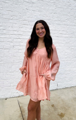 Soft Crinkled Long Sleeve Dress- BLUSH, church dress, clothing, colorful dress, dress, dresses & rompers, Dressy, dressy shorts, flowy dress, LONG SLEEVE, long sleeves, mini dress, pink dress, ruched dress, RUFFLED DRESS, SILK DRESS, WOMENS DRESS-Ace of Grace Women's Boutique