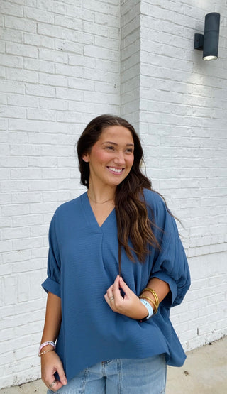 Blue V-neck Puff Sleeve Top- blue, blue top, clothing, Curvy, FALL, fall clothes, fall transition, loose fit, Perfect for work, PUFF, PUFF SLEEVE, puff sleeves, Tops, work, WORK SHIRT, WORK TOP-Ace of Grace Women's Boutique