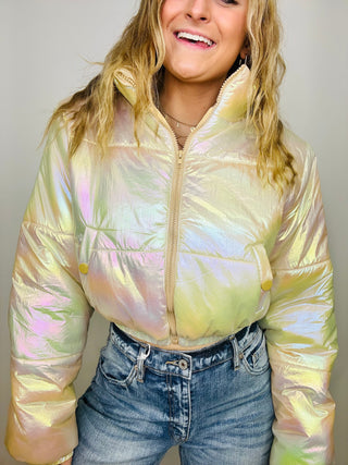 Metallic Cropped Puffer Jacket- clothing, JACKET, metallic puffer, outerwear, PUFFER, puffer jacket, Sale, Tops-Ace of Grace Women's Boutique