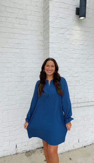 Long Sleeve Dress with Collared Neck- blue dress, church dress, clothing, COLLARED DRESS, Curvy, dress, dresses & rompers, Dressy, FALL, fall clothes, flowy dress, GREEN DRESS, GREEN PLUS SIZE DRESS, NAVY, Navy blue, olive, plus size dress, WOMENS DRESS, WOVEN-Ace of Grace Women's Boutique