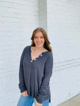 Charcoal Ribbed Button Henley Top- Curvy,FALL,fall clothes,fall transition,Henley,ribbed,Tops-Ace of Grace Women's Boutique