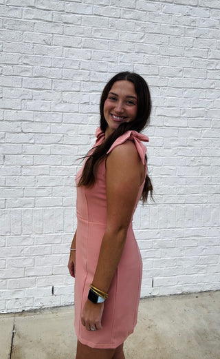 Shoulder Tie Mini Dress- Apricot, BOW, clothing, Dress, dresses & rompers, fall clothes, pink dress, shoulder, Shoulder tie-Ace of Grace Women's Boutique