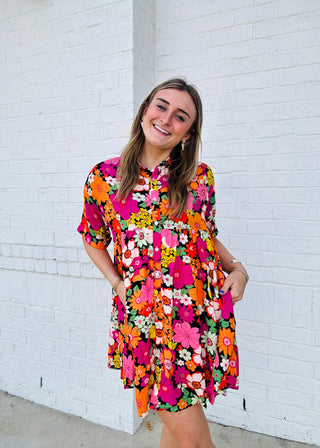 Orange & Pink Button Up Collared Dress- button up, BUTTON UP DRESS, dresses & rompers, floral, floral dress, SPRING, Spring dress-Ace of Grace Women's Boutique
