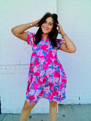 Pink Floral Dress with Ric Rac Trim- Curvy,dresses & rompers,Easter,Easter dress,floral,floral dress,floral pattern,floral print,florals,PLUS,Ric rac,SPRING,Spring dress-Ace of Grace Women's Boutique