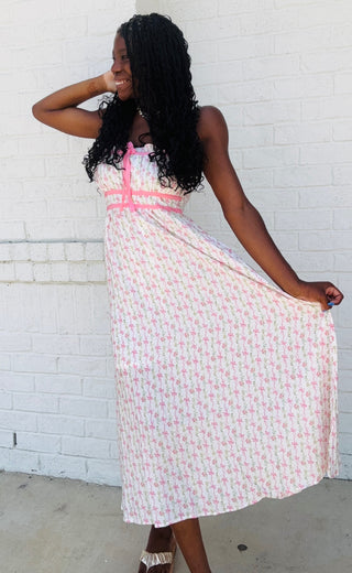 Floral Bow Spaghetti Strap Midi Dress- beach,BOW,Bow detail,BOWS,bridal,clothing,dresses & rompers,floral,floral dress,floral print,florals,LOVE,Love shack,Love shack fancy,Loveshack,pink,ribbon,Ribbons-Ace of Grace Women's Boutique