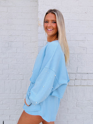 Blue Pearl Cropped Sweatshirt- clothing, Sets, Tops-Ace of Grace Women's Boutique