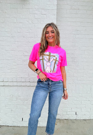 Neon Pink Easter Bunny Cross Tee- clothing,COMFORT COLOR,Curvy,Easter,EASTER GRAPHIC TEE,Graphic Tees,HOT PINK TEE,Seasonal,TEE,tee shirt,Tops-Ace of Grace Women's Boutique
