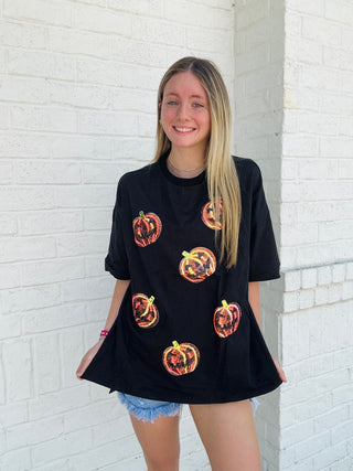 Sequin Jack-o-Lantern Top- Curvy,FALL,HALLOWEEN,halloween shirt,Halloween tshirt,PLUS,pumpkin,Seasonal,SEQUIN,Tops-Ace of Grace Women's Boutique