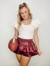 Maroon Leather Ruffle Skort- game, game day, game days, gameday, LEATHER, leather skirt, LEATHER SKORT, skort-Ace of Grace Women's Boutique