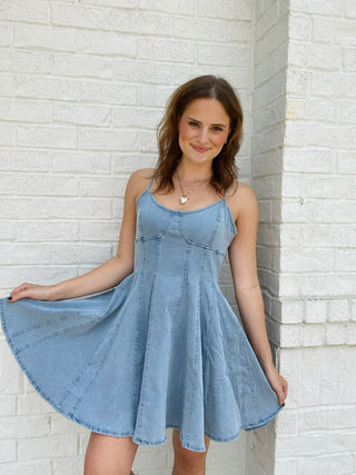 Flared Denim Mini Dress- BLUE DENIM,clothing,concert,country concert,denim,denim skirt,dresses & rompers,LIGHT DENIM,rodeo-Ace of Grace Women's Boutique