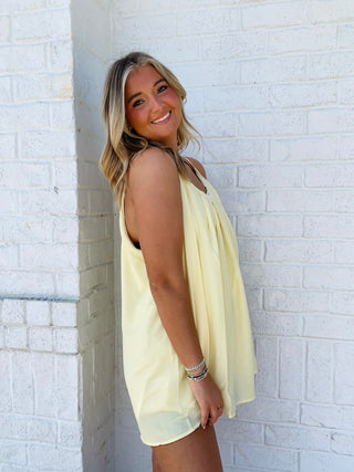Yellow Pleated Spaghetti Strap Tank- Curvy,PLEATED,PLUS,spaghetti straps,summer,tank,tank top,Tops,YELLOW,yellow top-Ace of Grace Women's Boutique