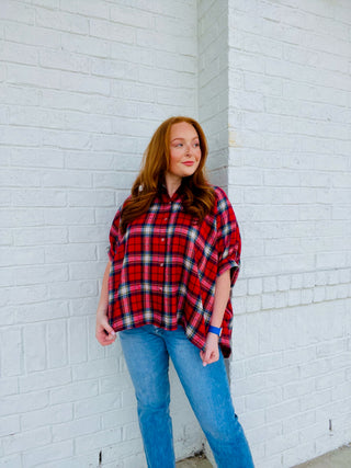 Red Plaid Button Down Oversized Top- basic top, BLACK BUTTON UP TOP, button up, button up top, clothing, Seasonal, Tops-Ace of Grace Women's Boutique