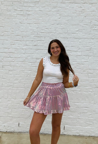 Sequin Ruffle Skirt | 2 Colors- Bottoms, clothing, fall clothes, fall skirt, ruffled skirt, SEQUIN, sequin skirt, sequin skort-Pink-S-Ace of Grace Women's Boutique