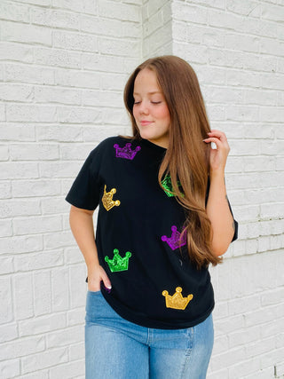 Sequin Crown Mardi Gras Top- BOWS,clothing,Crown,Crowns,MARDI GRAS,MARDI GRAS TEE,MARDI GRAS TOP,Seasonal,Tops-Ace of Grace Women's Boutique