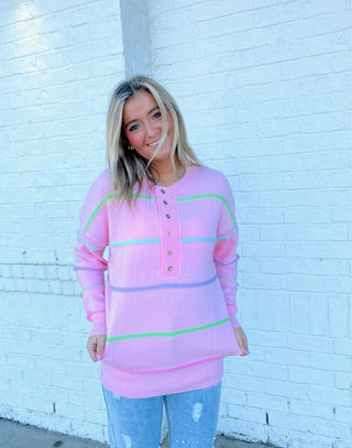 Pink Striped Sweater- BIRTHDAY SWEATER, clothing, Curvy, fuzzy sweater, oversized sweater, pastels, pink sweater, plus size sweater, Stripe, STRIPED, SWEATER, sweater top, sweaters, Tops-Ace of Grace Women's Boutique