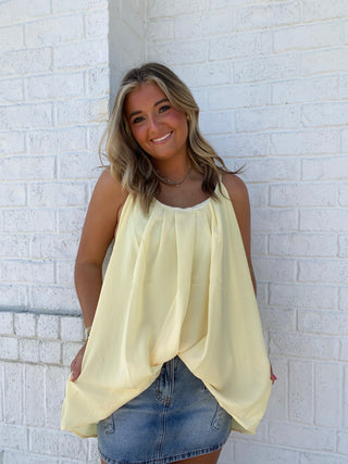 Yellow Pleated Spaghetti Strap Tank- Curvy,PLEATED,PLUS,spaghetti straps,summer,tank,tank top,Tops,YELLOW,yellow top-Ace of Grace Women's Boutique