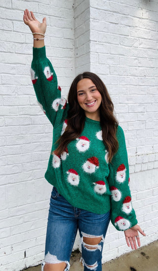 Santa Face Sweater- CHRISTMAS, CHRISTMAS CHEER, CHRISTMAS GRAPHIC TEE, CHRISTMAS SHIRT, christmas sweatshirt, christmas top, Christmas tshirt, clothing, Curvy, fall clothes, fuzzy sweater, green sweater, holiday, HOLIDAYS, knit sweater, MERRY CHRISTMAS, pink sweater, plus size sweater, Santa, SANTA BABY, Santa shirt, SANTA’S FAVORITE, Seasonal, sparkle season, SWEATER, sweater top, sweaters, Tops-Ace of Grace Women's Boutique