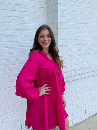 Hot Pink V-Neck Tiered Dress- clothing,dresses & rompers,Guaze,HOT PINK-Ace of Grace Women's Boutique