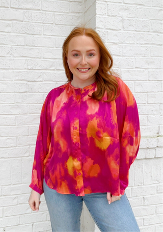 Fuschia Abstract Print Top- clothing, Curvy, LONG SLEEVE, long sleeve top, long sleeves, longsleeve, Peasant, pink long sleeve, PLUS, plus size, PLUS SIZE TOP, plus size valentine, Seasonal, Tops, VALENTINE, valentine plus size, VALENTINES, VALENTINES TOP-Ace of Grace Women's Boutique