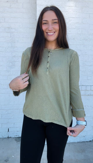 Light Olive Henley Top- clothing, FALL, fall clothes, fall transition, Henley, olive, olive top, Tops-Ace of Grace Women's Boutique