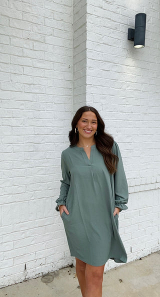 Long Sleeve Dress with Collared Neck- blue dress, church dress, clothing, COLLARED DRESS, Curvy, dress, dresses & rompers, Dressy, FALL, fall clothes, flowy dress, GREEN DRESS, GREEN PLUS SIZE DRESS, NAVY, Navy blue, olive, plus size dress, WOMENS DRESS, WOVEN-Ace of Grace Women's Boutique