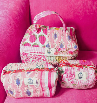 PREORDER - Pink Pattern Block Cosmetic Bag Set- bags,cosmetic,cosmetic bag,cosmetics,gifts,GLAM COSMETIC BAG,makeup,makeup bag,MAKEUP CASE,PREORDER,travel,TRAVEL BAG,travel case-Ace of Grace Women's Boutique