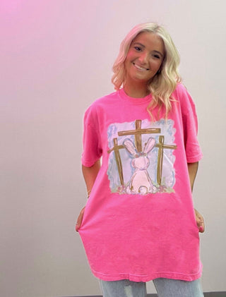 Neon Pink Easter Bunny Cross Tee- clothing,COMFORT COLOR,Curvy,Easter,EASTER GRAPHIC TEE,Graphic Tees,HOT PINK TEE,Seasonal,TEE,tee shirt,Tops-Ace of Grace Women's Boutique
