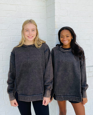 Acid Wash Raw Hem Sweatshirt - Black- Acid,black sweatshirt,clothing,comfy sweatshirt,Exposed,oversized sweatshirt,RAW HEM,sweatshirt,SWEATSHIRTS,Tops-Ace of Grace Women's Boutique