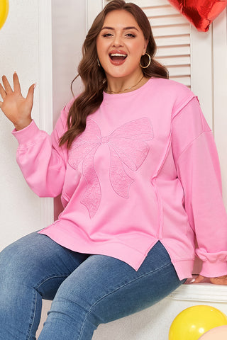 Pink Lace Bow Embroidered Sweatshirt-Plus Size/Plus Size Sweatshirts & Hoodies- All In Stock,BOW,Bow detail,Color Pink,Craft Embroidery,curv,Curvy,Detail Bow,Hot picks,Occasion Daily,PLUS,plus size,Season Fall & Autumn,Style Southern Belle,Tops-Ace of Grace Women's Boutique