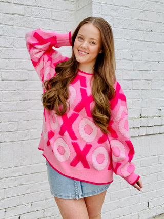 XOXO All Over Sweater- clothing, HEART, HEART PATTERN, HEARTS, loose fit, oversized, oversized sweater, plus size valentine, Seasonal, Tops, VALENTINE, Valentine Collection, valentine plus size, valentine pullover, VALENTINES, VALENTINES GRAPHIC TEE, valentines sweatshirt, VALENTINES TOP, XOXO-Ace of Grace Women's Boutique