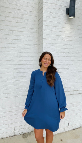 Long Sleeve Dress with Collared Neck- blue dress, church dress, clothing, COLLARED DRESS, Curvy, dress, dresses & rompers, Dressy, FALL, fall clothes, flowy dress, GREEN DRESS, GREEN PLUS SIZE DRESS, NAVY, Navy blue, olive, plus size dress, WOMENS DRESS, WOVEN-Ace of Grace Women's Boutique