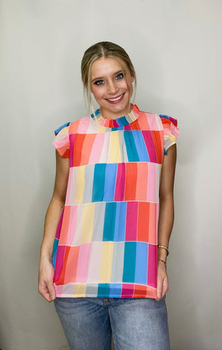 Multi Colored Square Ruffle Sleeve Top- COLOR,color block,COLORFUL TOP,SPRING,Tops,work,WORK SHIRT,Work tank,WORK TOP-Ace of Grace Women's Boutique