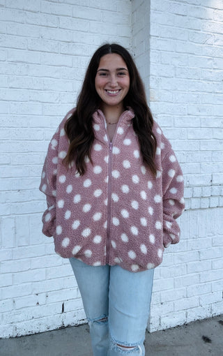 Pink Polka Dot Sherpa Jacket- Coat,CREAM JACKET,FUZZY JACKET,JACKET,outerwear,POLKA DOTS,puffer jacket,Sale,sherpa jacket,SOFT,Teddy,Tops-Ace of Grace Women's Boutique