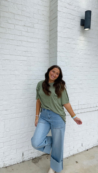 Olive Oversized Boyfriend Tee- Boyfriend, clothing, Curvy, FALL, fall clothes, fall transition, olive, olive top, oversized, OVERSIZED TEE, OVERSIZED TOP, PLUS, plus size, pocket shirt, pockets, Tops-Ace of Grace Women's Boutique