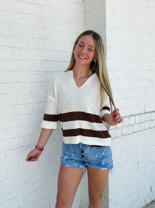 Brown Striped Crop Sweater- brown sweater,crop sweater,cropped sweater,FALL,fall clothes,fall transition,knit sweater,SUMMER SWEATER,SWEATER,sweater top,sweaters,Tops-Ace of Grace Women's Boutique