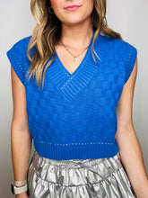 Blue Checkered V Neck Cropped Sweater Vest