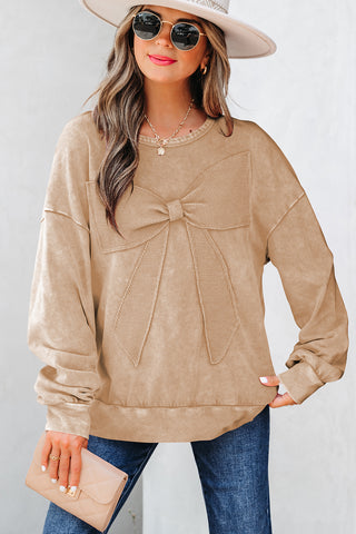 Beige Mineral Wash Bow Pullover-Tops/Sweatshirts & Hoodies- All In Stock,Best In Stock,BOW,Bow detail,BOWS,clothing,Color Brown,Craft Applique,Craft Washed,Curvy,Detail Bow,Occasion Daily,Season Fall & Autumn,Style Western,Tops-Light French Beige-S-85%Cotton+15%Polyester-Ace of Grace Women's Boutique