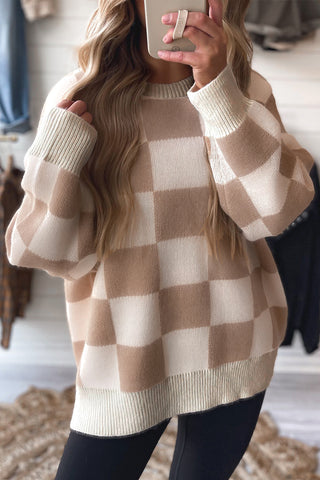 Parchment Checkered Pattern Ribbed Trim Knit Baggy Sweater-Sweaters & Cardigans/Sweaters- Best Sellers,Color Khaki,Occasion Daily,Print Checkered,Season Fall & Autumn,Style Casual-Ace of Grace Women's Boutique