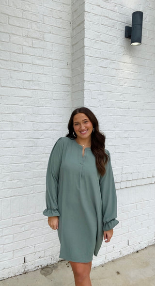 Long Sleeve Dress with Collared Neck- blue dress, church dress, clothing, COLLARED DRESS, Curvy, dress, dresses & rompers, Dressy, FALL, fall clothes, flowy dress, GREEN DRESS, GREEN PLUS SIZE DRESS, NAVY, Navy blue, olive, plus size dress, WOMENS DRESS, WOVEN-Ace of Grace Women's Boutique