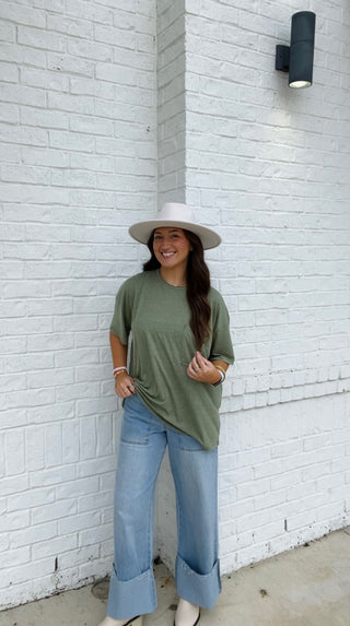 Olive Oversized Boyfriend Tee- Boyfriend, clothing, Curvy, FALL, fall clothes, fall transition, olive, olive top, oversized, OVERSIZED TEE, OVERSIZED TOP, PLUS, plus size, pocket shirt, pockets, Tops-Ace of Grace Women's Boutique