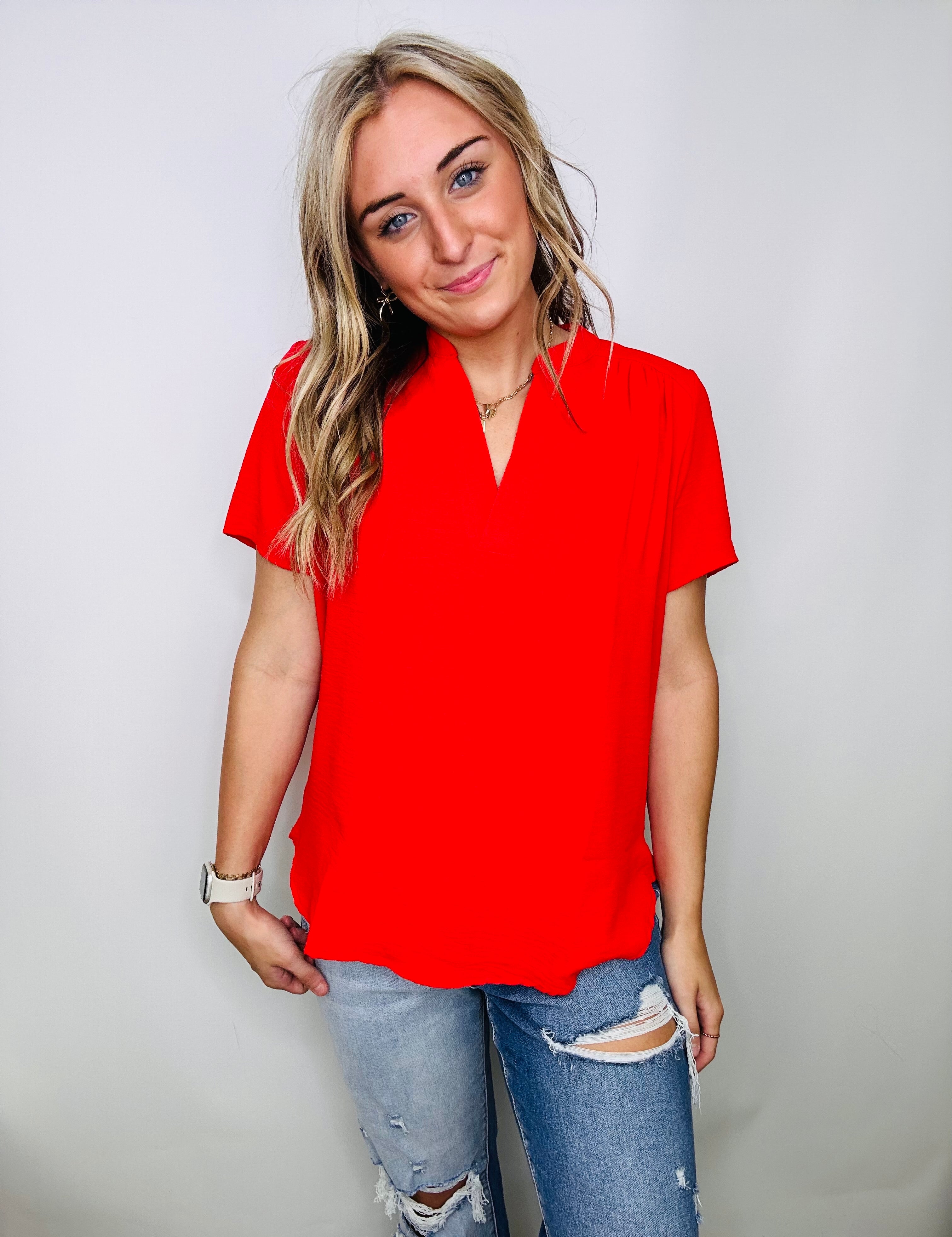 Classic Red Work V Neck Top