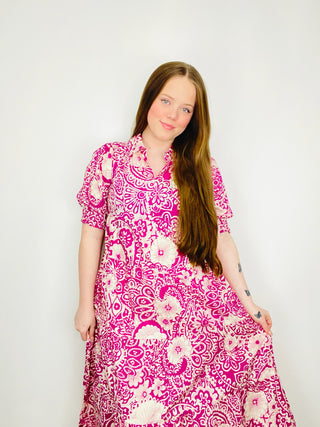 Magenta Whimsy Floral Dress- Curvy,dresses & rompers,Easter,Easter dress,floral,floral dress,floral print,florals,Midi Dress,paisley,PLUS,plus dress,plus size-Ace of Grace Women's Boutique