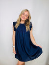 Midnight Blue Ruffle Sleeve Dress- blue dress, church dress, dress, flowy dress, tiered dress-Ace of Grace Women's Boutique