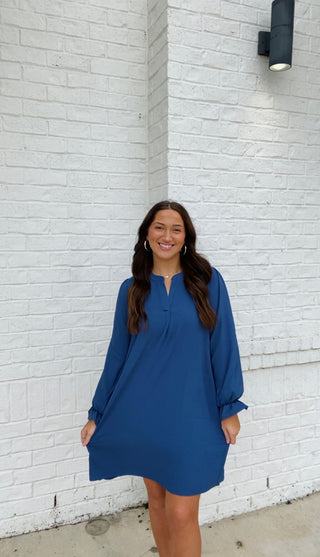 Long Sleeve Dress with Collared Neck- blue dress, church dress, clothing, COLLARED DRESS, Curvy, dress, dresses & rompers, Dressy, FALL, fall clothes, flowy dress, GREEN DRESS, GREEN PLUS SIZE DRESS, NAVY, Navy blue, olive, plus size dress, WOMENS DRESS, WOVEN-Ace of Grace Women's Boutique