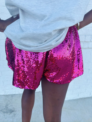 Fuchsia Sequin High Waisted Shorts- Bottoms, clothing, Sale, Seasonal, SEQUIN, sequin shorts, Valentine Collection, valentine shorts, VALENTINES-Ace of Grace Women's Boutique