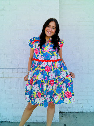 Blue Floral Dress with Ric Rac Trim- church dress,clothing,Curvy,dresses & rompers,Easter,Easter dress,floral,floral dress,floral pattern,floral print,florals,PLUS,Ric rac,SPRING,Spring dress-Ace of Grace Women's Boutique