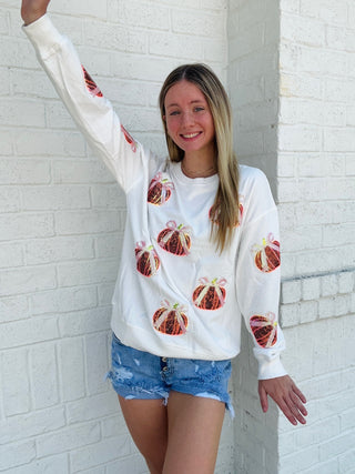 Sequin Pumpkin Bow Sweatshirt- Curvy,FALL,HALLOWEEN,oversized,PLUS,pumpkin,pumpkins,Seasonal,Tops-Ace of Grace Women's Boutique