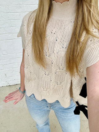 Side Tie Scalloped Sweater Vest- BOW, Bow detail, bow sweater, BOWS, clothing, cream sweater, CROCHET SWEATER, Curvy, fuzzy sweater, knit sweater, knit vest, plus size sweater, ribbon, Ribbons, SWEATER, SWEATER TANK, sweater top, SWEATER VEST, sweaters, Tops, VEST-Ace of Grace Women's Boutique