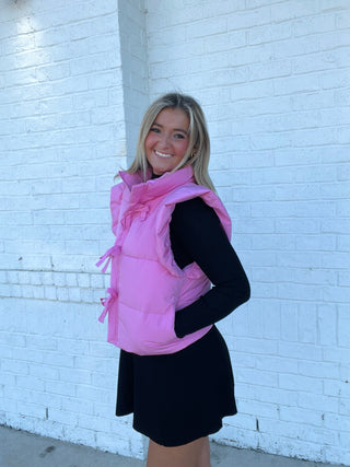 Pink Ruffle Puffer Vest- BOW, Bow detail, BOWS, clothing, HOT PINK, hot pink puffer, hot pink puffer jacket, LIGHT PINK, outerwear, pink, puffer vest, RUFFLE, ruffle set, ruffle sleeves, RUFFLE TOP, ruffled, RUFFLES, SWEATER VEST, Tops, VEST-Ace of Grace Women's Boutique